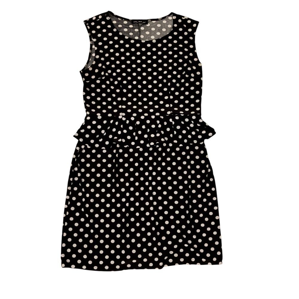 Mlle Gabrielle black peplum knee length dress with white polka dots sz L